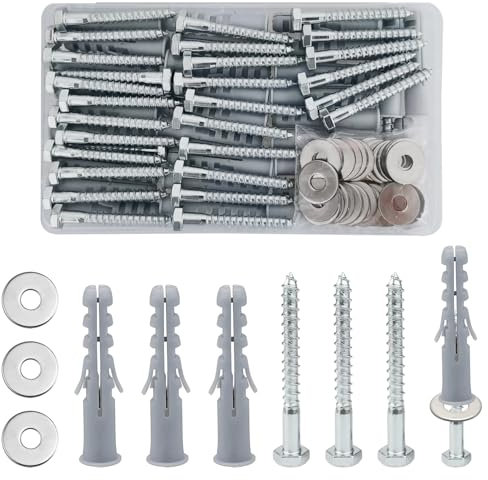 30 Sets M10x50mm Heavy Duty Masonry Brick Wall Plugs and Screws Bolts Anchors, Concrete Screws with Washers & Wall Plugs, Plasterboard Fixings for TV Bracket, Dry Wall, Shelves, Water Heater Mounting