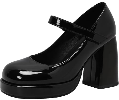 XIEPP Elegante décolleté da donna con punta rotonda e tacco a plateau con tacco a blocco Mary Jane Scarpe per feste, Nero , 35 EU
