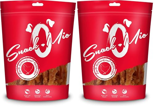 SnackOMio – Premium Hundesnack – zarte Hühnerbrust Filetstreifen, getreidefrei, 2er Pack (1 x 500g)