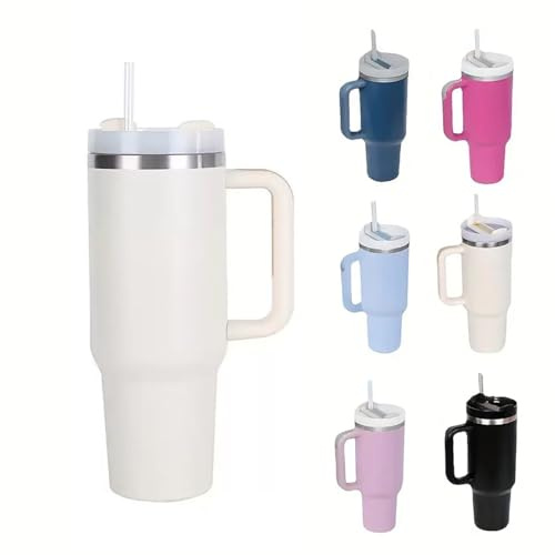 Travel Mug Coffee Cup 40oz Tumbler Straw Lid and Handle, Stainless Steel Insulated Water Bottle - Leakproof, Insulated Water Bottle with Handle and Straw Cup for Home, Office, Car, Travel (White)