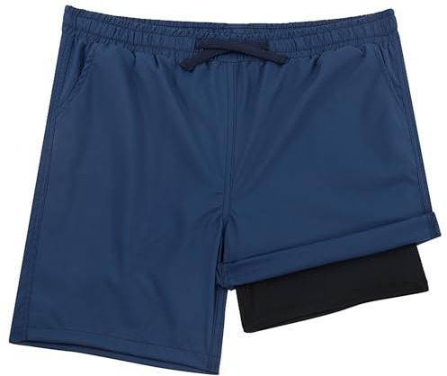 LACOFIA Boys Swimming Shorts 2 in 1 Kids Swim Trunks with Compression Liner Elasticated Waist Boardshorts Children Summer Beach Shorts Quick Dry Navyblue 5-6 Years