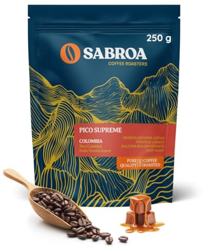 SABROA Café En Grano Especialidad Tueste Natural Origen 100% Arábica Sabor Aromático Intenso Alta Altitud Notas Acidez Equilibrada Pico Supreme (250Gr, Colombia Lavado)