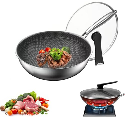 Générique Wok en acier inoxydable, poêle à frire en nid d'abeille à 3 couches antiadhésives, compatible avec les cuisinières à induction, à gaz et électriques. (Couvercle inclus, 36cm)
