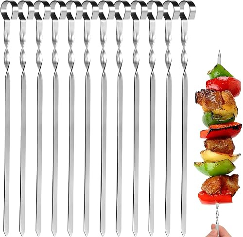 12 Piezas Brochetas Planas para Barbacoa de Acero Inoxidable, Pinchos para Barbacoa Reutilizables y Resistentes, Ideal para Parrilla, Pinchitos, Pinchos Morunos y BBQ, 45cm