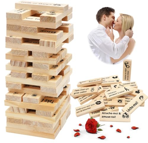 DASIAUTOEM Français Jeu de Tour de Blocs Coquins, 48 Pièces Jeu Coquin de Tour Infernale pour Adultes, Blocs Empilables en Bois, Noël Cadeaux de Rencontre pour Couples Adultes