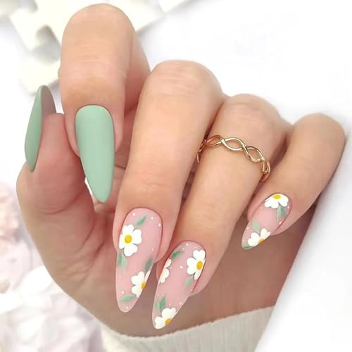 Almond Press On Nails with Floral Design - Medium Length False Nails Set with Glue, DIY Manicure Kit for Women, Elegant Spring Art, Durable Lightweight Tips with Glossy Finish