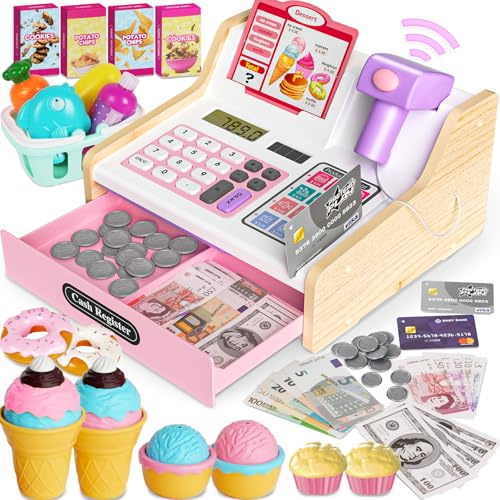 Kinderkasse Holz-Registrierkasse mit Scanner & Sound für Kinder 3-5 Jahre, Spielzeug Kasse mit Scanner/Spielgeld/Münzen/EC-Karte/Einkaufskorb/Zubehör, kaufladen zubehör Idee- rosa