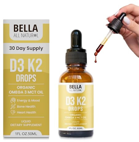 Bella All Natural Vitamin D3 K2 Liquid Drops 5000 IU (Unflavored) - Omega 3 with MCT Oil - Liquid Vitamin D Drops for Adults - This D3 K2 Drops Help Support Heart, Bone & Immune Health