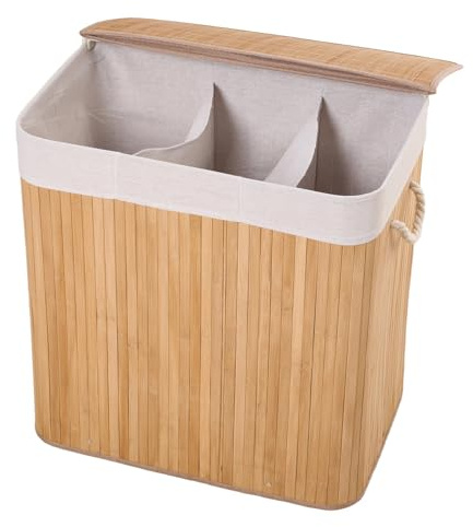 Warmiehomy Laundry Basket with Lid 150L Bamboo Laundry Basket 3 Compartments Large Washing Basket Laundry Hamper with Handle and Detachable Inner Bag for Bedroom,Bathroom,Wash Room,Dorm