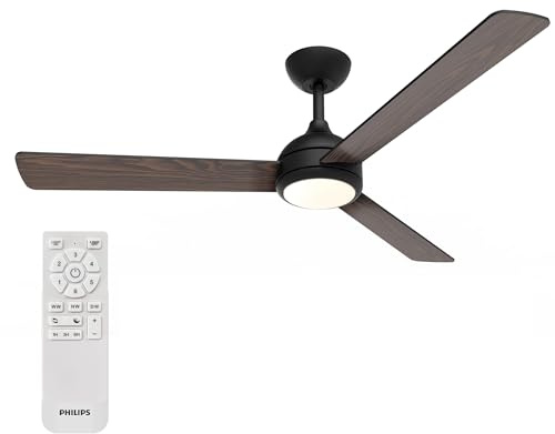 Philips Civx Takfläkt med Belysning, LED-lampa, 3 Blad, 132 cm Diameter, 2 500 Lumen, Tre Nyanser av Vitt Ljus (3 000 K/4 500 K/6 500 K), Dimbar till 10%, Fjärrkontroll Ingår, Svart/Mörkt Trä