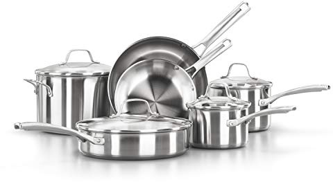 Calphalon Classic Stainless Steel Cookware Set, 10-Piece, Impact-Bonded Aluminum Base, Stay-Cool Handles, Oven Safe 450F, Silver
