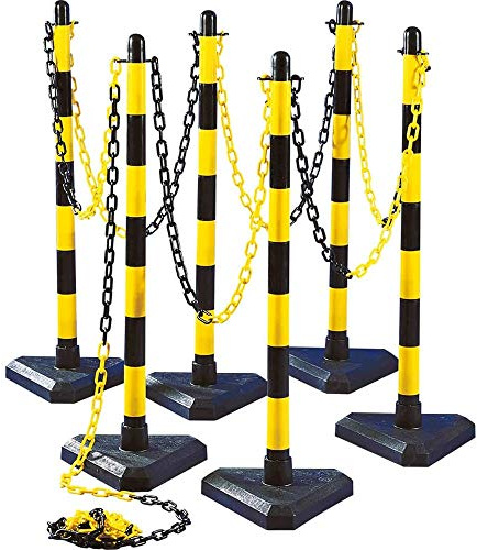 TMS PRO SHOP Kettenpfostenset UNI Dreieck, 6 Stück, gelb/schwarz, 10 m Kette aus Kunststoff, Art.-Nr. 38257 | Kettenpfosten | Absperrpfosten | Absperrkette