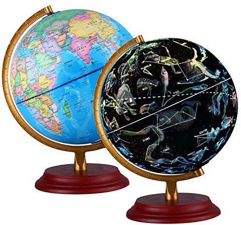 Illuminated World Globe for Kids & Adults All Ages With Wooden base Night View Stars Constellation Pattern Globe lamp with Detailed World Map Built-in LED Educational Gift Night Stand Decor