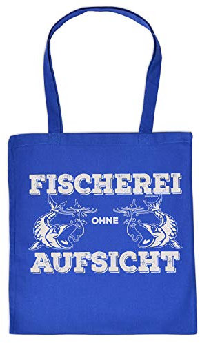Angler-Sprüche Geschenktasche - Baumwolltasche Angeln Motiv : Fischerei ohne Aufsicht - Einkaufstasche Angelsport Stofftasche - Farbe : Royalblau