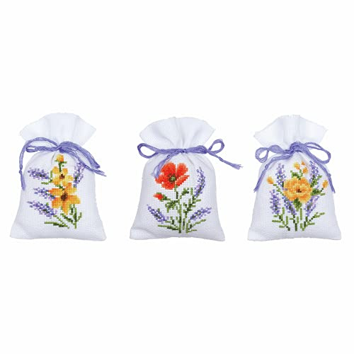 Vervaco Zählmusterpackung Stickset Säckchen Blumen und Lavendel 3er DIY Gezählter Kreuzstich Stickpackungen Basteln Erwachsene Kreativ Set 8 x 12 cm Stickset für Anfänger Stoffbeutel zum Sticken
