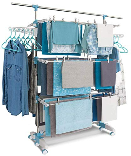 IDMarket - Séchoir à Linge Vertical Pliable 3 Niveaux Optimum capacité 30M avec Tringle télescopique cintres et Pinces Blanc et Bleu