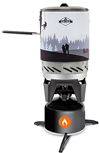 HikeCrew Placa de cocina portátil a gas y sistema de cocción, compacta para camping con olla de 0,8 L, tapa de silicona, asa plegable y bolsa de transporte, perfecto para camping, senderismo,
