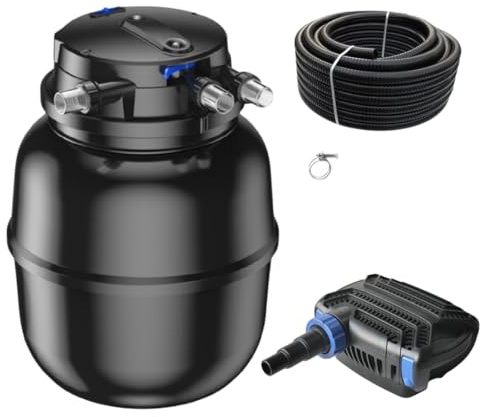 AquaOne Juego de filtros para estanque con bomba de estanque, sistema de filtro CPU-50000 para estanques de hasta 80.000 litros, juego completo con lámpara UV Eco Bomba de 80 W, manguera de estanque