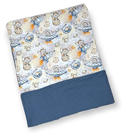 Babydecke Tiere im Weltall aus Baumwolle und Waffelpique Kinderwagendecke