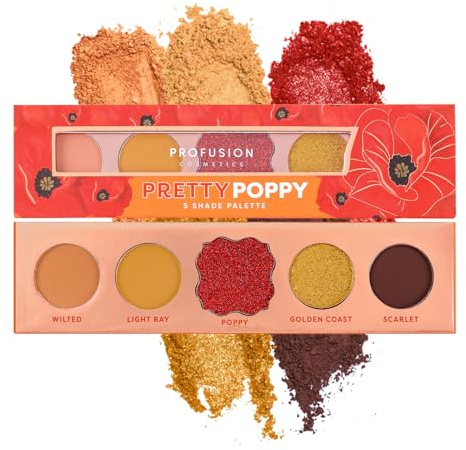 Profusion Cosmetics Blooming Hues - 5 Highly Pigmented Shades Eyeshadow Palette with Built-In Mirror, Multi-Finish & Long-Wearing Formula, Blendable, Vegan & Cruelty-Free Makeup (Pretty Poppy)