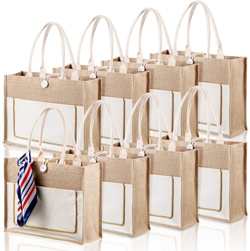 Reginary 8 Pcs Burlap Tote Bags Bulk Large Jute Tote with Handles Reusable Canvas Gift Bags for Wedding Travel(Beige)