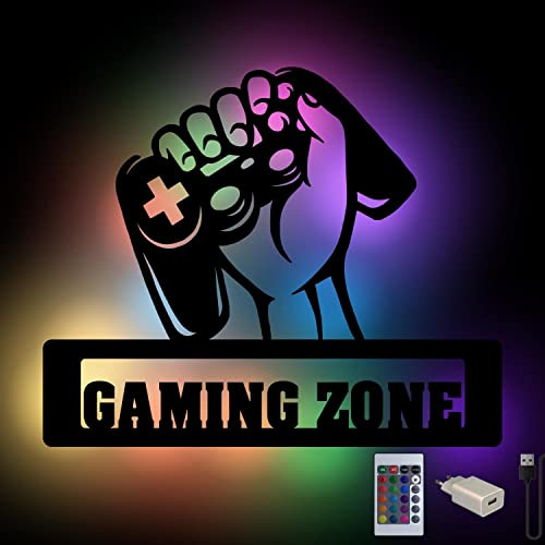 Namofactur Gaming-Zone-Nachtlicht aus Holz mit RGB-Farbwechsel | Mit USB-Anschluss, Fernbedienung und Netzteil – als Wanddeko für Wohn-, Schlaf- oder Gamingzimmer