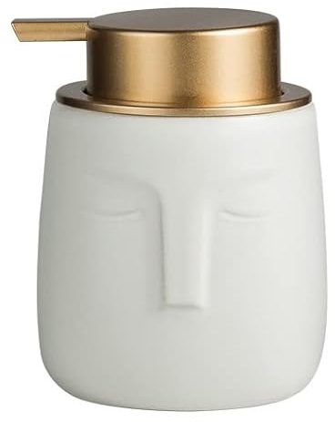 Unique Modern Soap Dispenser, Face-Shaped Ceramic Bottle with Rust Proof Gold Matte Pump, Decorative Lotion Dispenser for Bathroom or Kitchen (White)