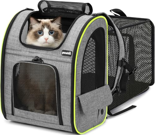 pecute Kattbärare hundryggsäck expanderbar stor, bärbar ryggsäck som andas med framöppning-nät-fönsterfickor, utdragbar rygg mer utrymme utmärkt för att bära valpar hundar katter