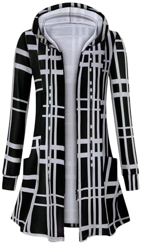 Flikity Zip Up Cardigans for Women UK, Womens Long Hoodies Plaid Tops Ladies Lightweight Casual Jackets Hooded Cardigan Womens Spring Summer Autumn Clothes Plus Size Tops 2XL