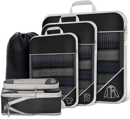 MattTravel Kompressions-Verpackungswürfel für Koffer, 6er-Set, Reise-Organizer, Würfel, Reiseutensilien, Geschenk für Damen/Herren, leicht, erweiterbar, Schwarz