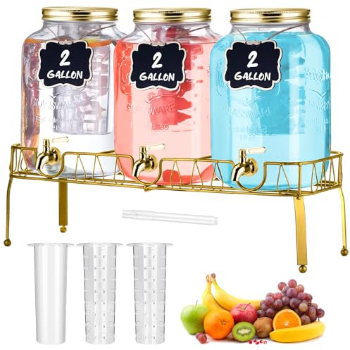 Lallisa 3 Pcs 2 Gallon Glass Drink Dispenser with Stand and Lid Mason Jar Beverage Dispenser with Stainless Steel Spigot, Hanging Chalkboard Signs, Fruit Infuse, Ice Cylinder, Liquid Pen (Gold)