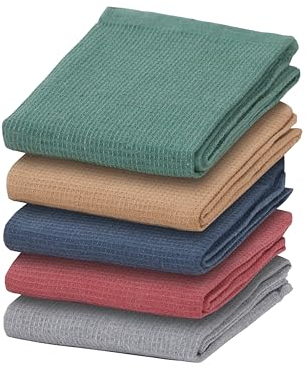 Olivia Rocco Tea Towel Pack of 5 Waffle Kitchen Tea Towels Cotton Absorbent Long Lasting Catering Bar Dish Towel, Assorted