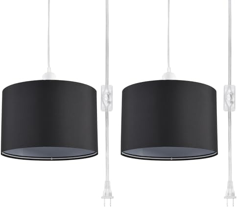 IHENGYANLT 2 Pack Plug in Pendant Light, Hanging Light with 15Ft Clear Cord, On/Off Switch, Black Fabric Lamp Shade, Hanging Light Fixture for Bedroom, Kitchen, Living Room, Dining Table