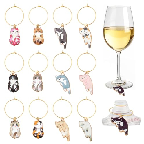 nbeads 24 Stk. Katze Wasserflasche Charme, Lustige Weinglas-Identifizierungsanhänger mit goldenen Ringen Weinglas-Schmuck Charms für Gläser Becher Tasse Weinverkostung Party Geschenk