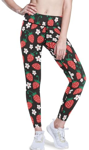 FRODOTGV Yoga-Leggings für Damen, mit Blumenmuster, Rot, Erdbeere, hohe Taille, Kompressionsleggings Größe XS, Rote Erdbeere mit Blumenmuster, XX-Large