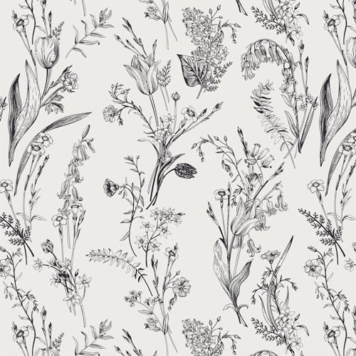 Timeet Peel and Stick Wallpaper White Floral 41CM×3M Waterproof Self Adhesive Vinyl Black Flower Leaf Stick on Wallpaper Thicken Sticky Back Plastic Removable Vinyl Wrap for Furniture Bedroom