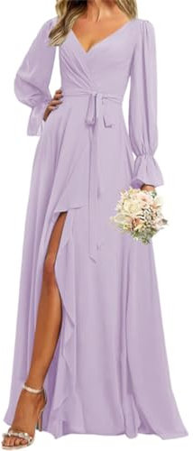 Vestido de dama de honor de manga larga para mujer con cuello en V dividido con volantes de gasa vestido de graduación para mujer, Lila, 42