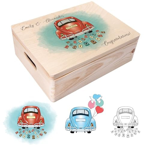 Creative Deco Geschenk zur Hochzeit Erinnerungsbox Hochzeit Personalisiert | Geschenkkiste für Brautpaar JGA | Auto Hochzeit Motiv | Holzkiste mit Deckel | Farbdruck | 40 x 30 x 14 cm