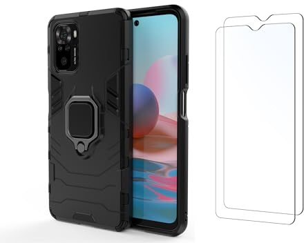Funda y 2 Cristal Templado para móvil Xiaomi Redmi Note 10 4G/Redmi Note 10s Carcasa Magnética con 2 Piezas Protectores Anillo Imán Antigolpes Resistente Rígida Dura (Xiaomi Redmi Note 10, Negro)