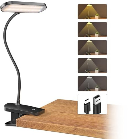 CUHIOY Clip on Light for Headboard, Rechargeable Battery Bunk Bed Reading Light with Clamp, 5 Color 5 Brightness, Touch Control Desk Light with Flexible Arm, Eye Protect Bedside Book Light (Black)