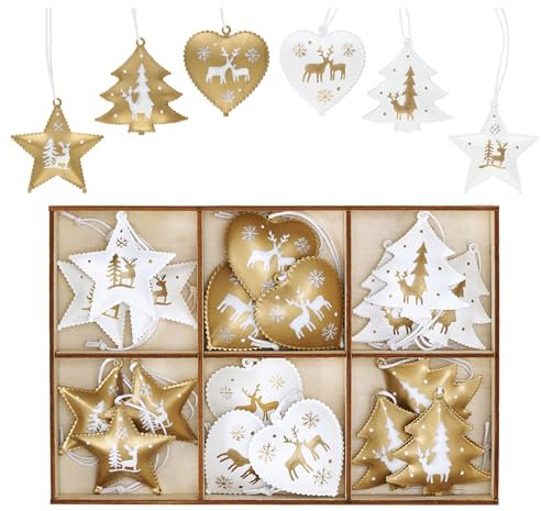 Valery Madelyn 18pcs Traditional Gold and White Christmas Tree Decorations, Metal Christmas Hanging Pendants, Xmas Ornaments with Tree, Star and Heart Patterns for Gift Tag, 2.1inch / 5.3cm
