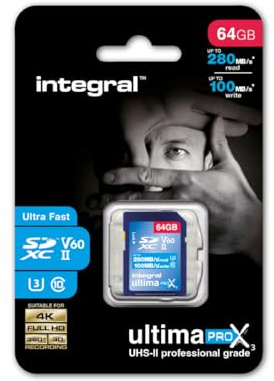 Integral Tarjeta SD de 64 GB UHS-II V60 con velocidades de Lectura de hasta 280 MB/s y velocidades de Escritura de 100 MB/s. Tarjeta de Memoria de Alta Velocidad Profesional SDXC