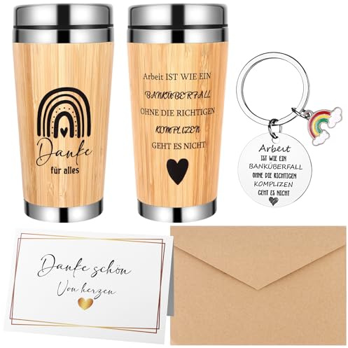 Dankeschön Geschenke für Kollegin Mitarbeiter Kollegin mit Herz Danke für Alles Karte Geschenk, Holz Optik Kaffeebecher mit Gravur, Inspirierenden Schlüsselanhänger, Dankeskarten mit Umschläge
