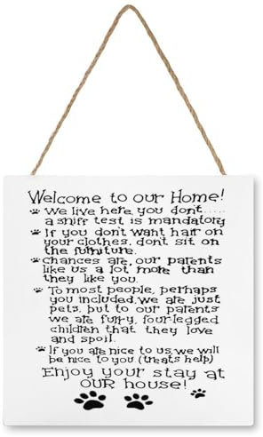 PELABE Dog Signs For Home Decor, Welcome To Our Home Wood Sign, Rustic Dog Lover Wooden Hanging Sign, Black Plaque, 8x8 Inch
