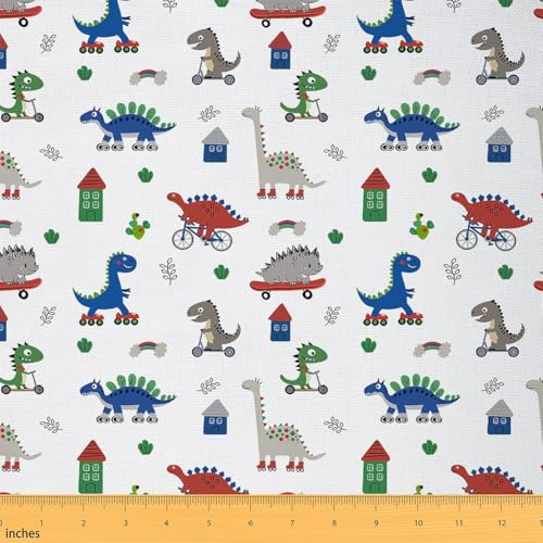 Loussiesd Cartoon Dinosaurier Stoff 92x150cm Dschungel Dino Stoff Meterware Kinderzimmer Dekor Skateboard Polsterstoff für Stühle Roller Dekostoff