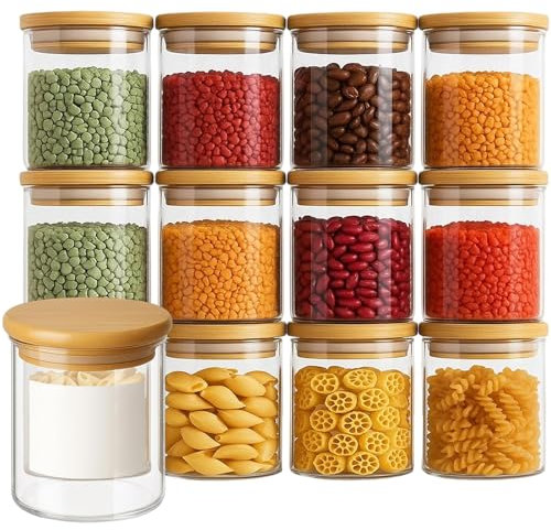 CROWNSHOP 12 Pcs Glass Spice Jars with Bamboo Lids 8oz/250ml Square Storage Jars Airtight Spice Jars with Lids Glass Container for Spice Salt Sugar Seeds Nuts etc (12, Circular)