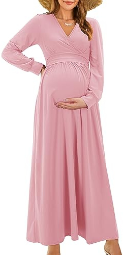 OUGES Robe Longue Maxi à Manches Longues et Col en V avec Poches Collection pour Femmes Enceintes et Allaitantes-XXL