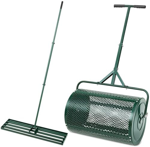 YCNLYSSR Lawn Garden Care Set, Compost Spreader and Lawn Leveling Rake, Peat Moss Spreader, Metal Mesh Push Spreader with T Shaped Handle for Garden Yard Care