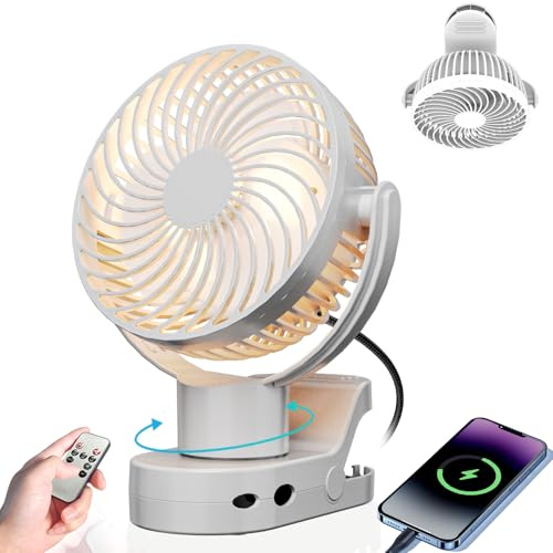 Gemmac Clip Ventilator Camping mit Powerbank Batterie, 8000mAh Akku Ventilator Kinderwagen mit Fernbedienung, Deckenventilator mit Beleuchtung, 4 Geschwindigkeiten, USB-Tischventilator für Büro,Angeln