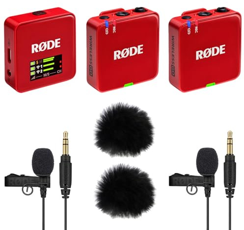 Rode Wireless GO Gen 3 - Sistema wireless per microfono a 2 canali, rosso con 2 microfono Lavalier GO e 2 paravento Keepdrum